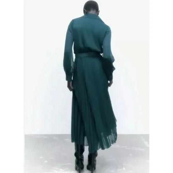 ZARA Women's Midi Dress Pleated SMALL Green Sheer Long Sleeve Collared  V-neck - yellowspringsohio.org